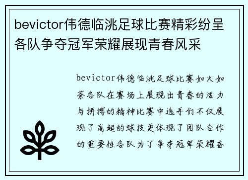 bevictor伟德临洮足球比赛精彩纷呈各队争夺冠军荣耀展现青春风采